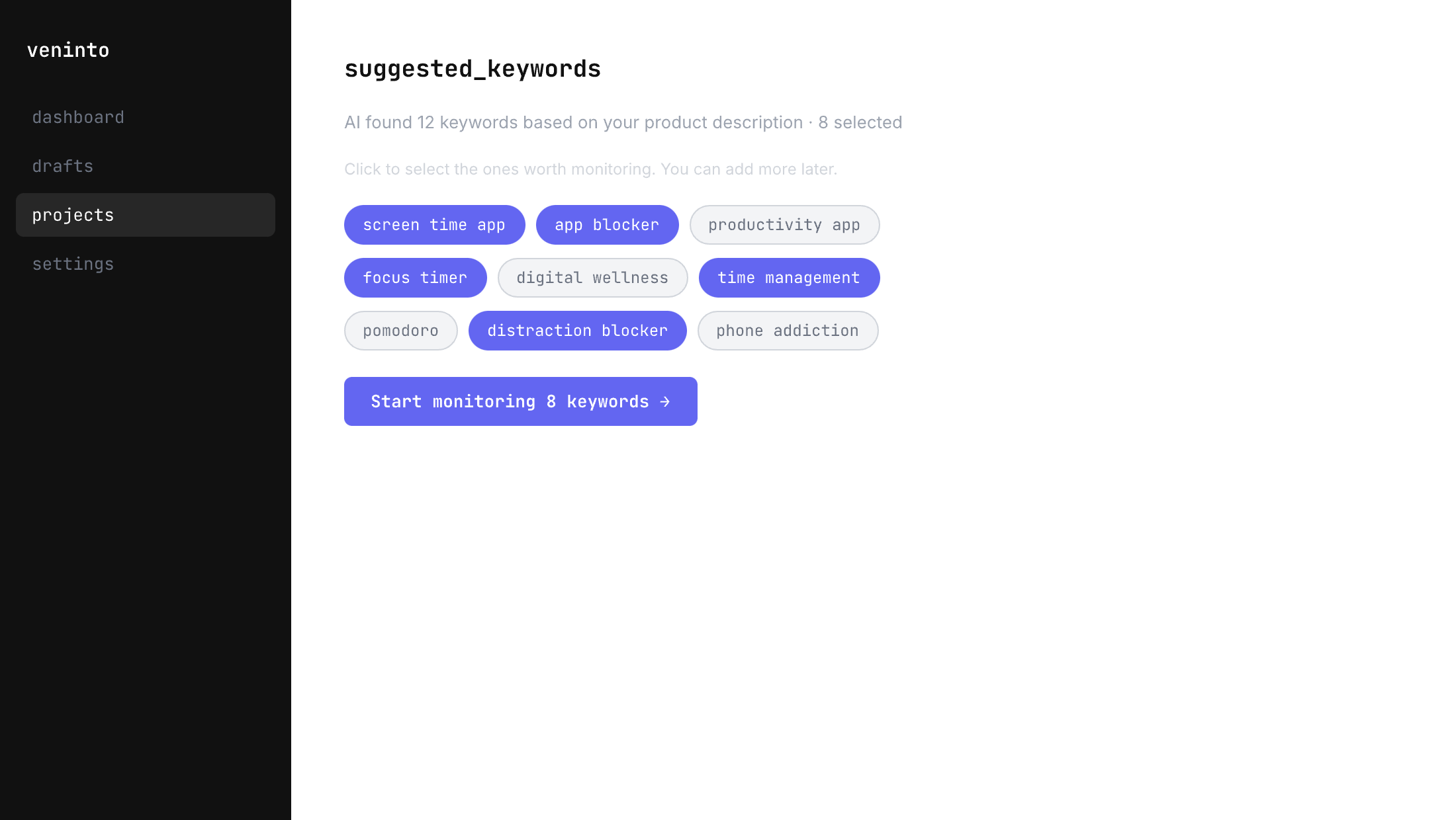AI-suggested keywords with one-click selection