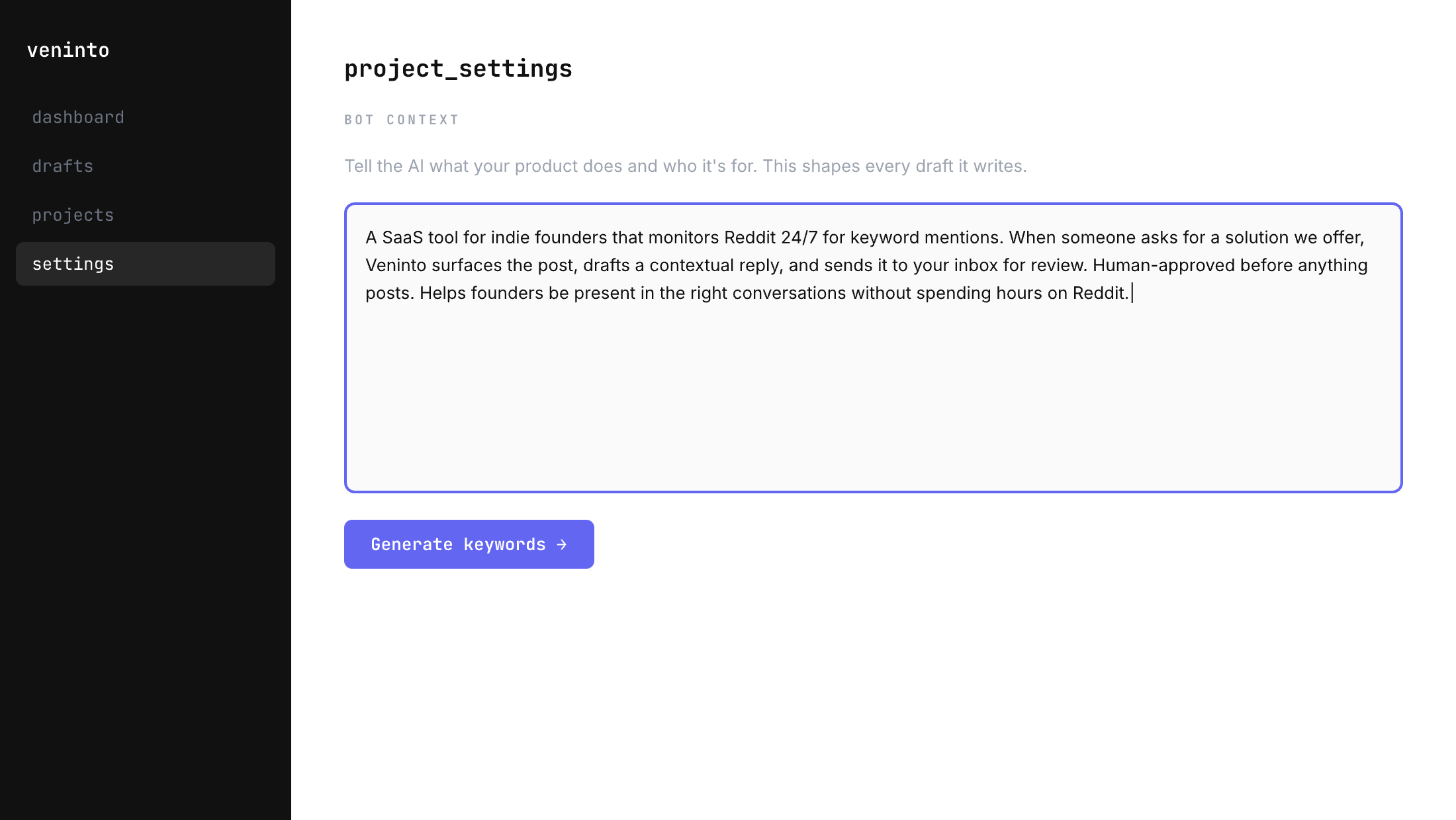 Product context setup — describe your product and generate keywords